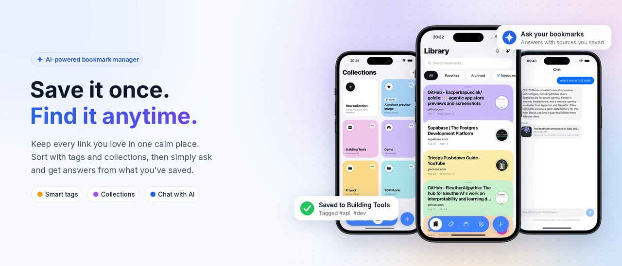 The Mymoree app showing an AI-organized bookmark library with collections, tags, and semantic search.